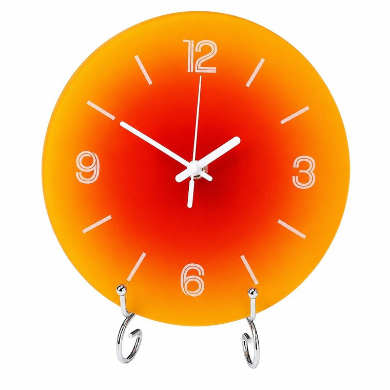 Modern Round Table Clock with Stand, Frameless 3 mm Panel, Sunset Design for Living Room – Sunset Tabletop