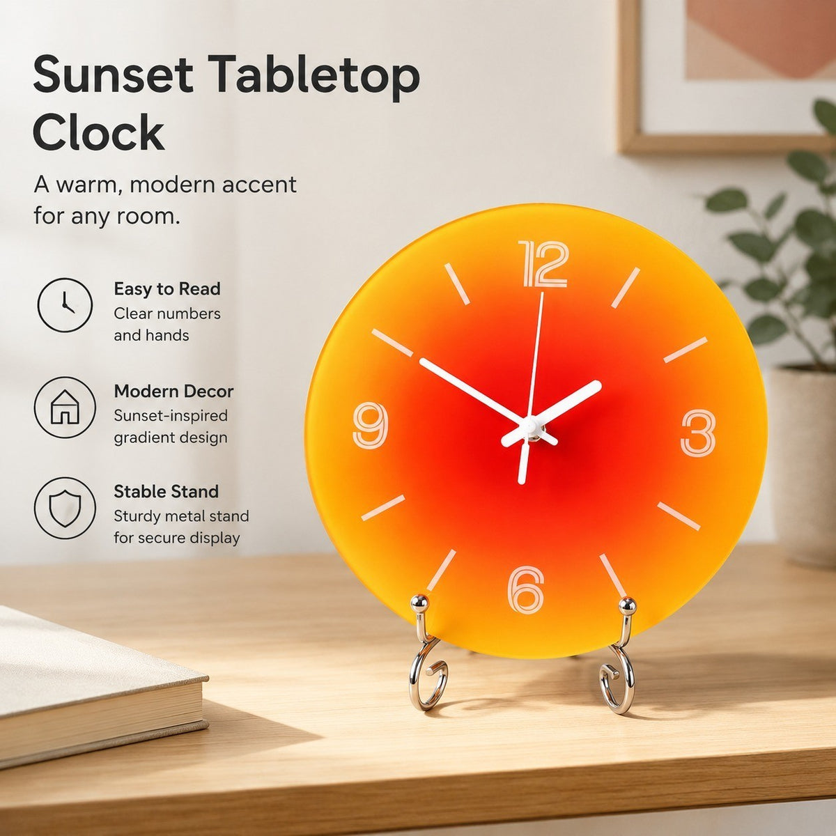 Modern Round Table Clock with Stand, Frameless 3 mm Panel, Sunset Design for Living Room