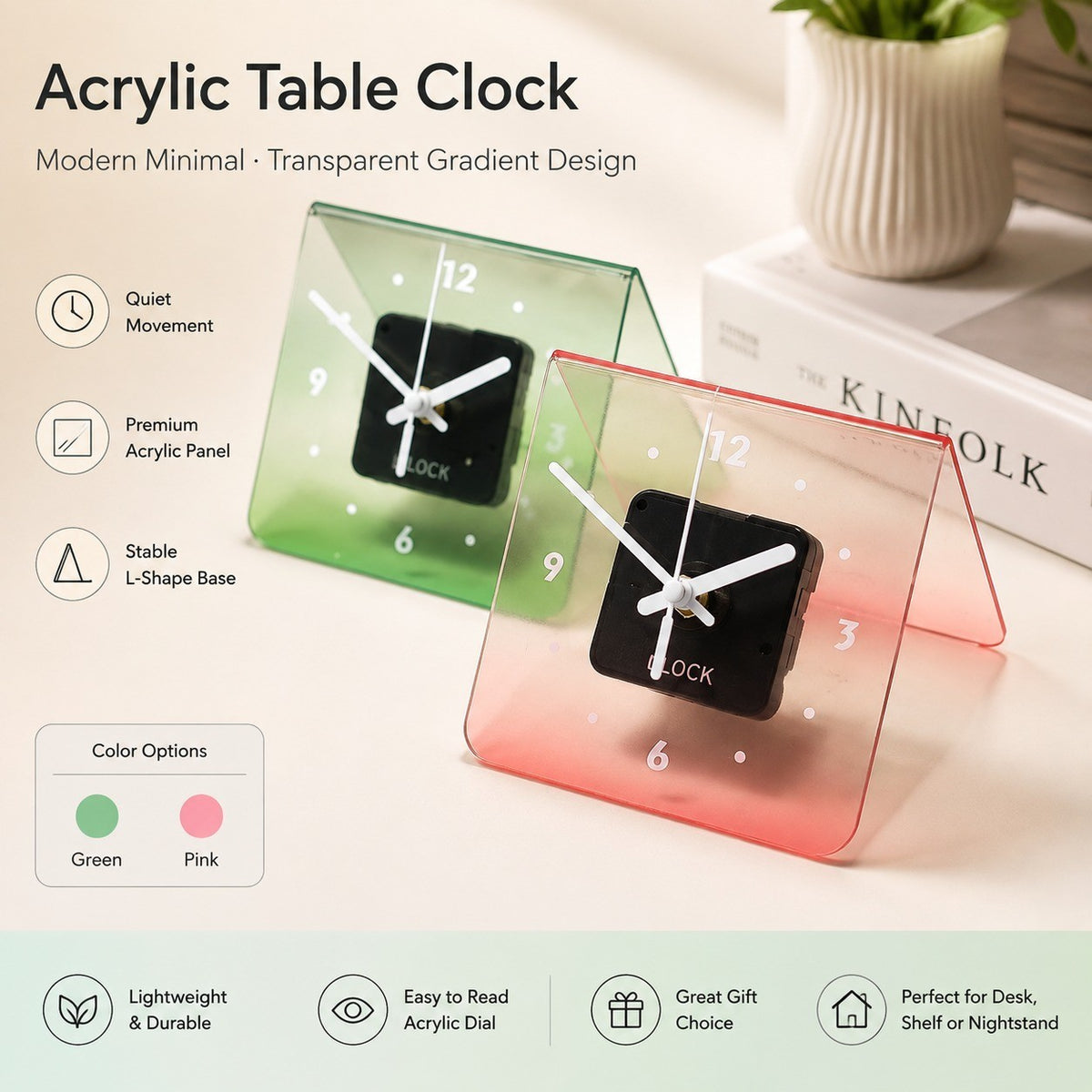 Translucent Gradient Acrylic Table Clock, Frameless 3mm Panel, 12x13., Quiet Movement Wall