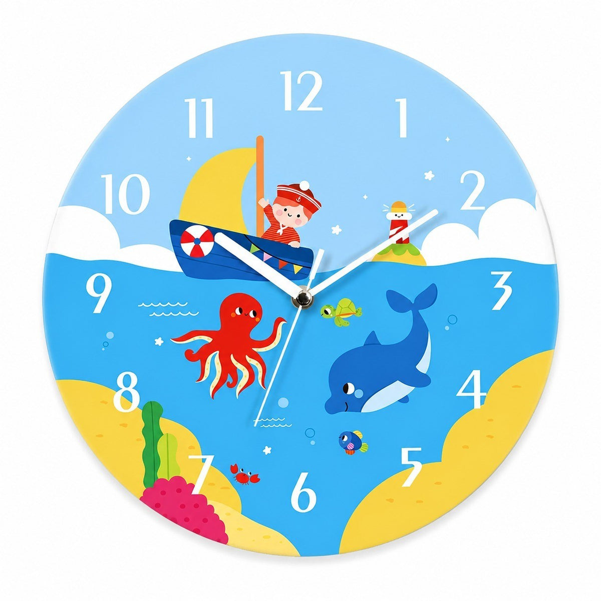 Children's Animal Cartoon Wall Clock, Frameless 3mm Acrylic, Kids Bedroom Decor – Ocean Explorer / 30 x 30 cm