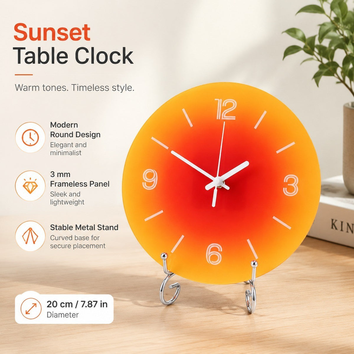 Modern Round Table Clock with Stand, Frameless 3 mm Panel, Sunset Design for Living Room