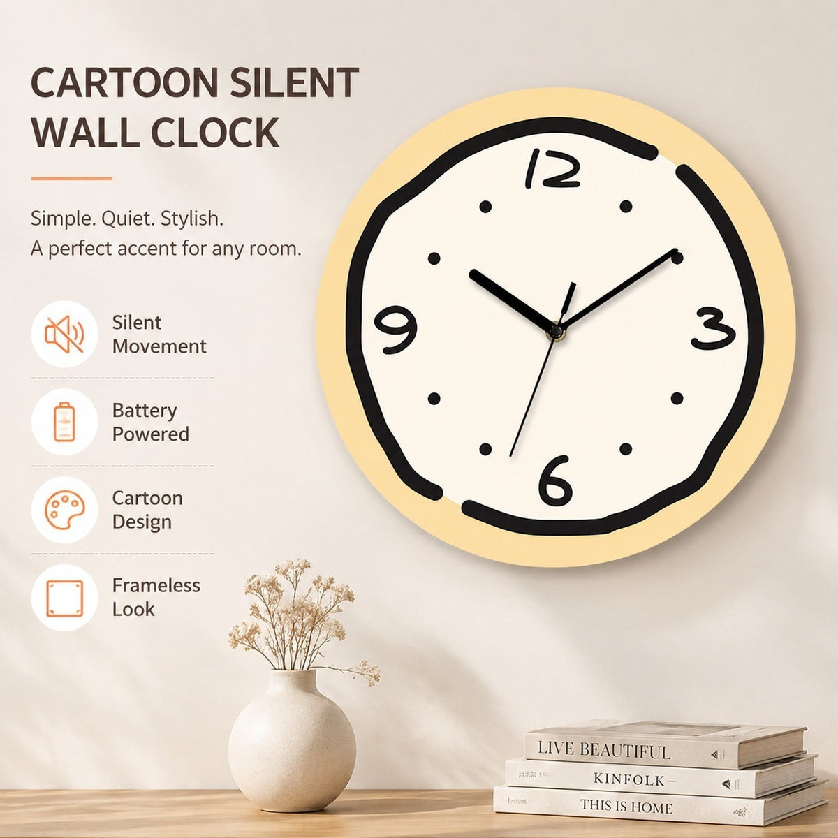 Rings Cartoon Silent Wall Clock, Cream Style, Frameless, Battery Powered