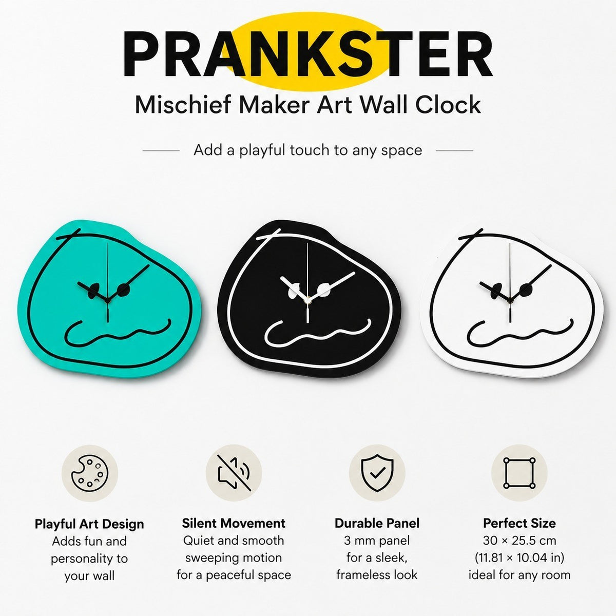 Mischief Maker Art Wall Clock, Frameless 3 mm Panel, Cartoon Decor for Living Room