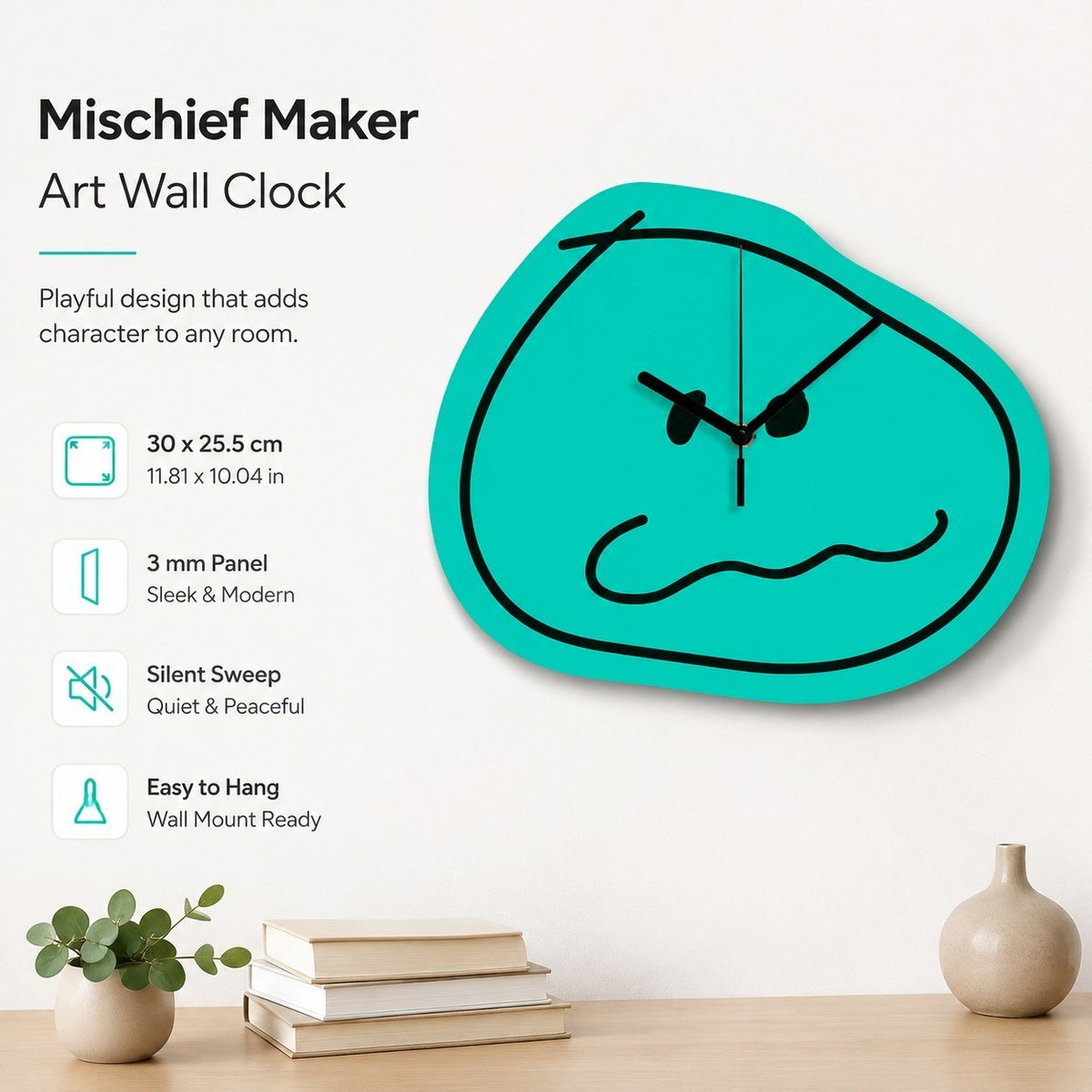 Mischief Maker Art Wall Clock, Frameless 3 mm Panel, Cartoon Decor for Living Room