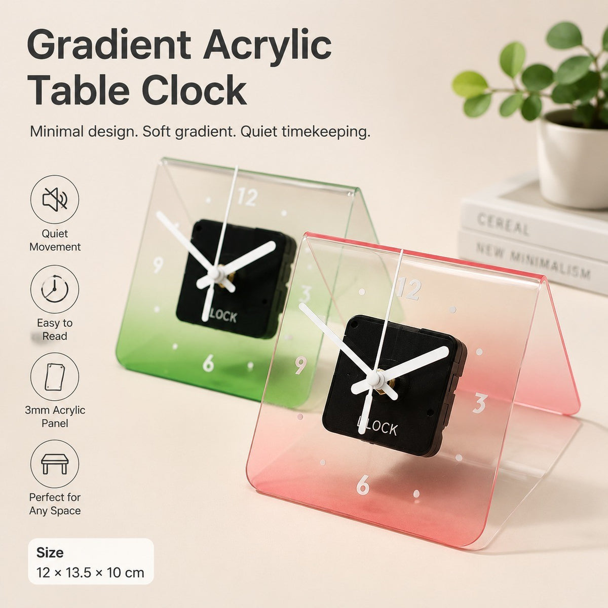 Translucent Gradient Acrylic Table Clock, Frameless 3mm Panel, 12x13., Quiet Movement Wall