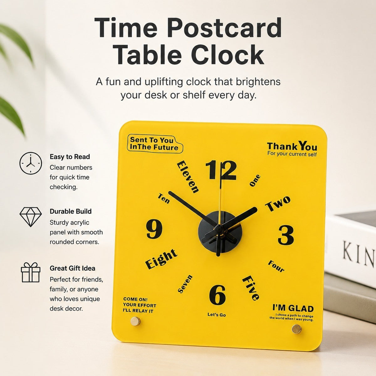 Time Postcard Table Clock, Frameless 3 mm Panel, Modern Decor for Living Room Study Wall