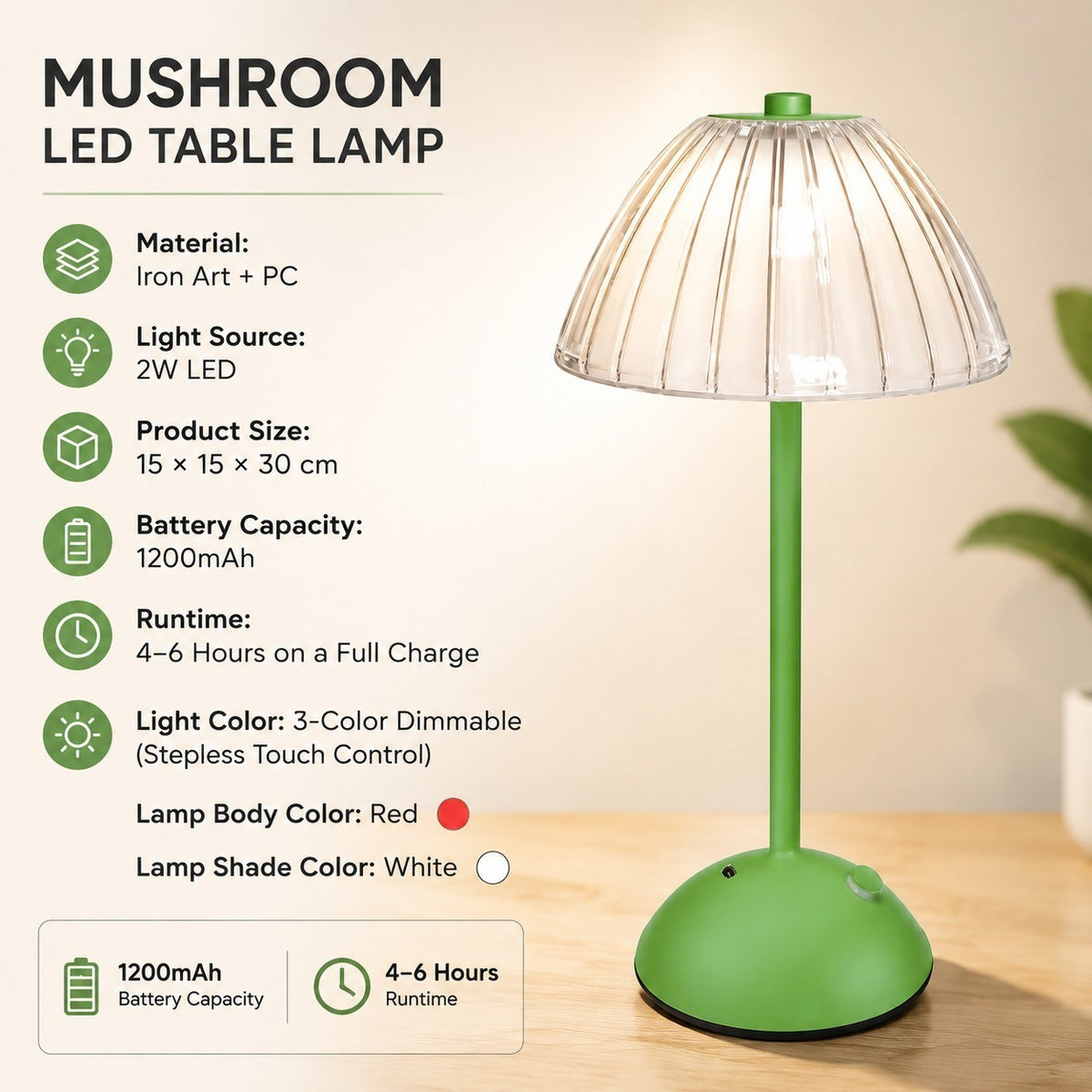 Mushroom Night Light LED Bedside Lamp, Touch Control, Acrylic, Ambient Decor for Bedroom