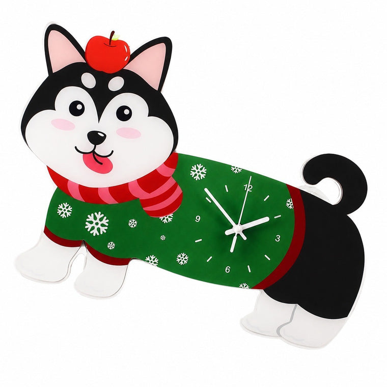 Polka-Dot Dachshund Cartoon Dog Wall Clock, Frameless 3 mm Panel – Goofy Christmas Husky