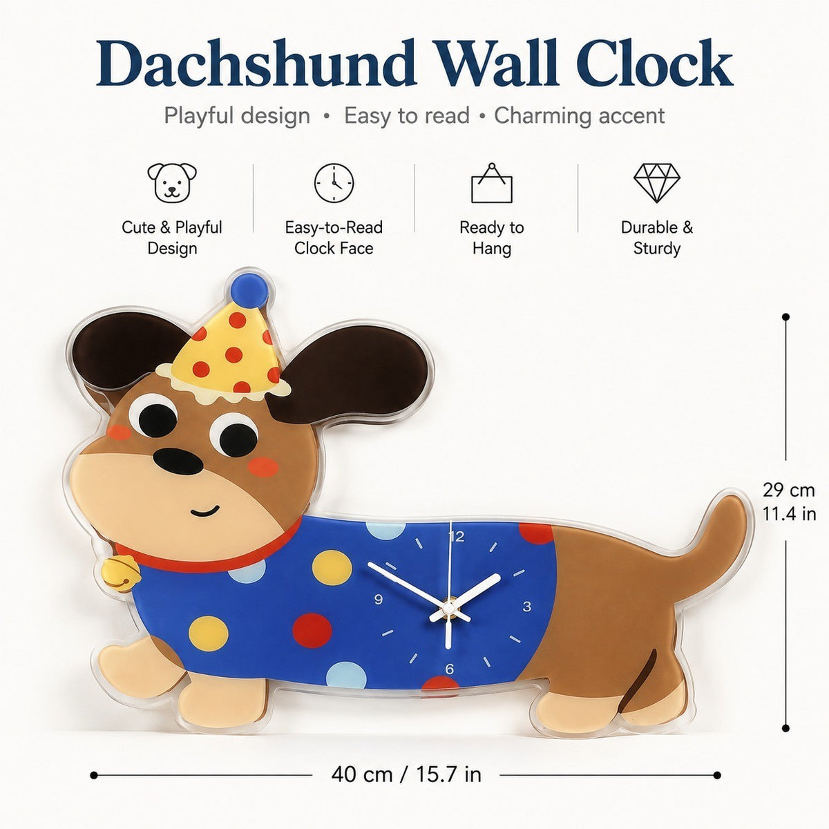 Polka-Dot Dachshund Cartoon Dog Wall Clock, Frameless 3 mm Panel