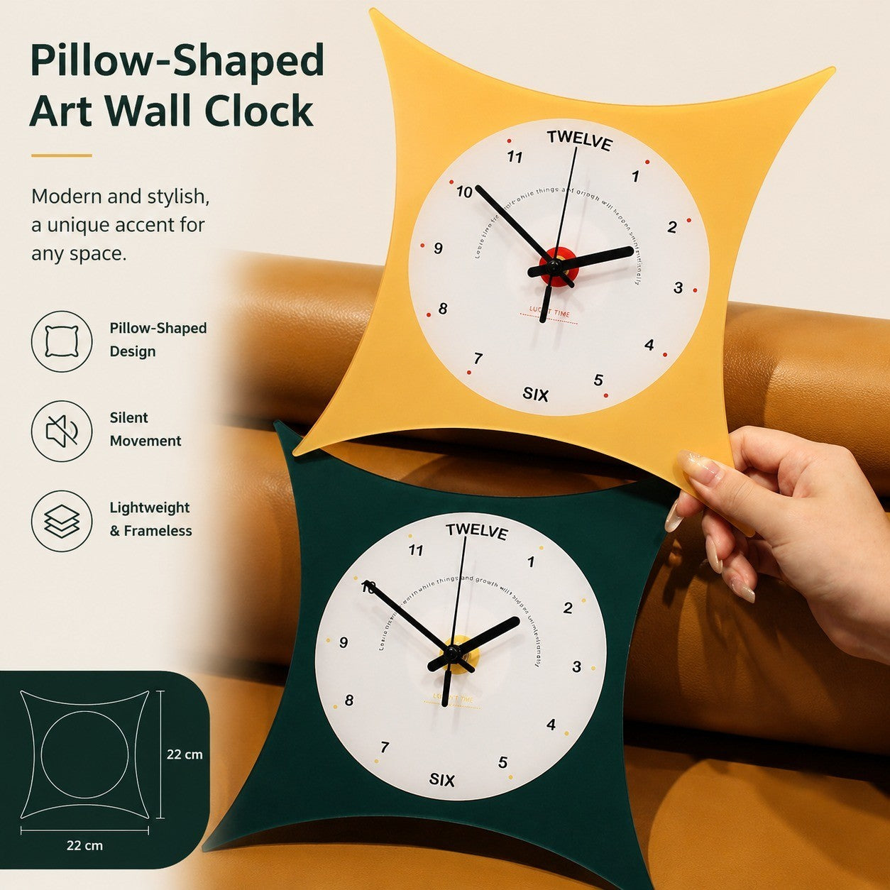 Pillow-Shaped Art Wall Clock, Dark, Frameless 3 mm Panel, Modern Decor