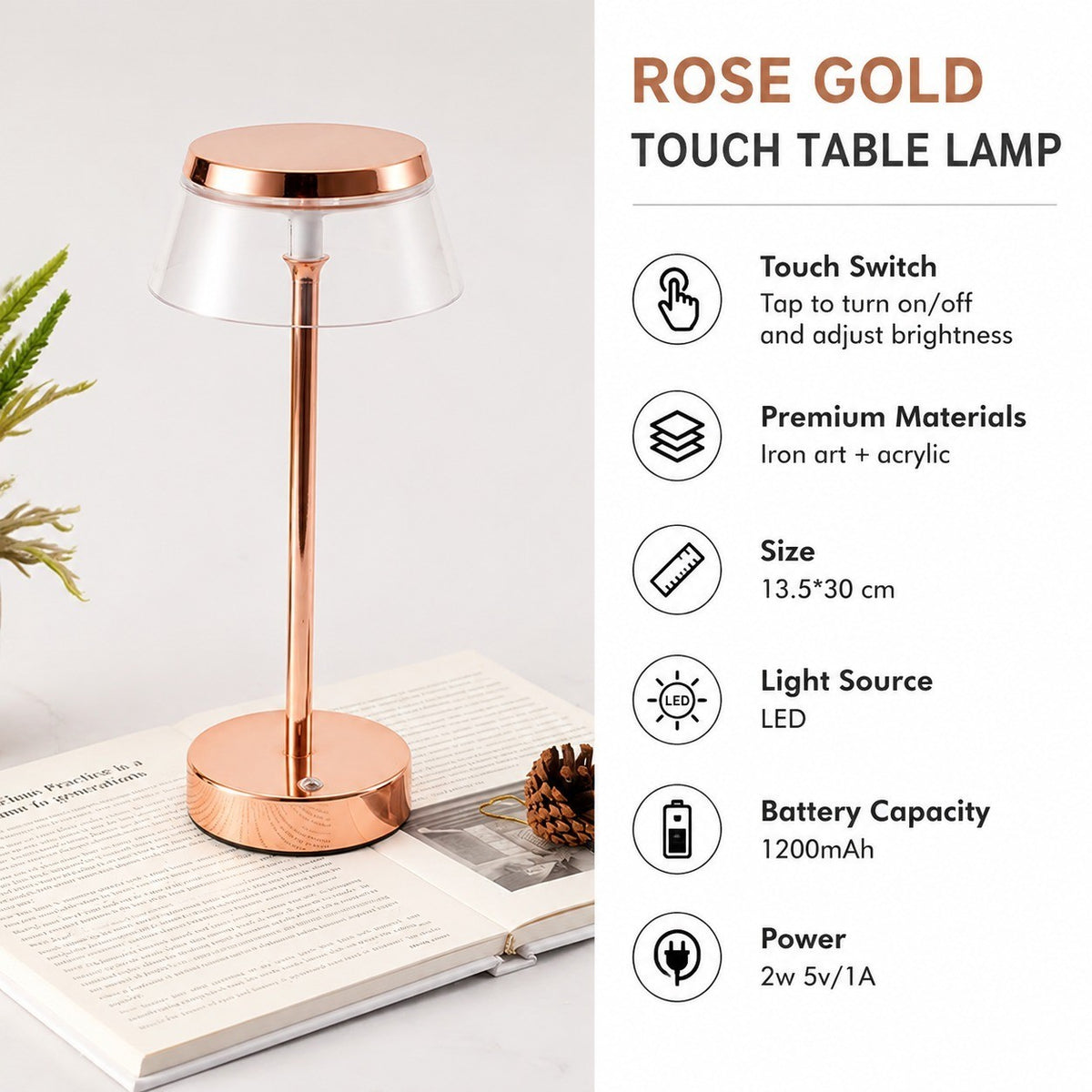 Rechargeable LED Night Light, Bar Table Lamp, Touch Switch, Battery Powered, Living Room