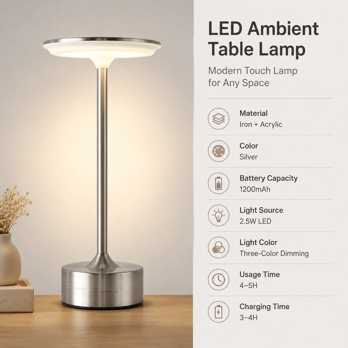 Iron Art LED Night Light, Touch Sensor, Rechargeable, Ambient Table Lamp, Gift for Birthday