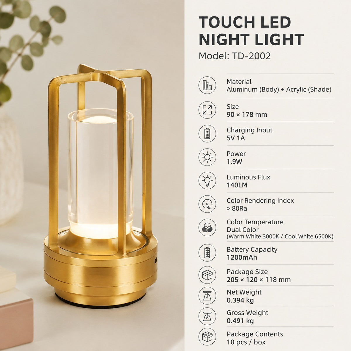 Rechargeable Touch LED Night Light, All-Aluminum, Acrylic, Camping Tent Decor, Bedroom