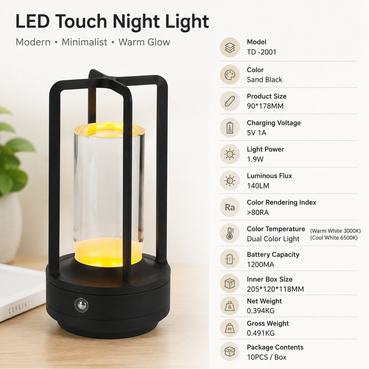 Rechargeable Touch LED Night Light, All-Aluminum, Acrylic, Camping Tent Decor, Bedroom