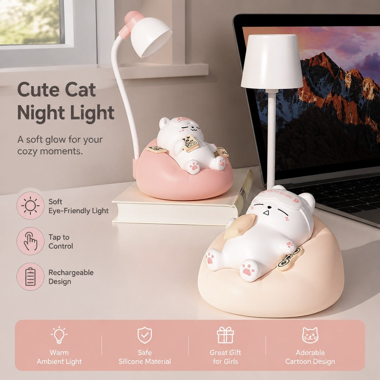 Rechargeable Silicone Cat Night Light, Soft Eye Protection, Tap Control, Gift for Girls