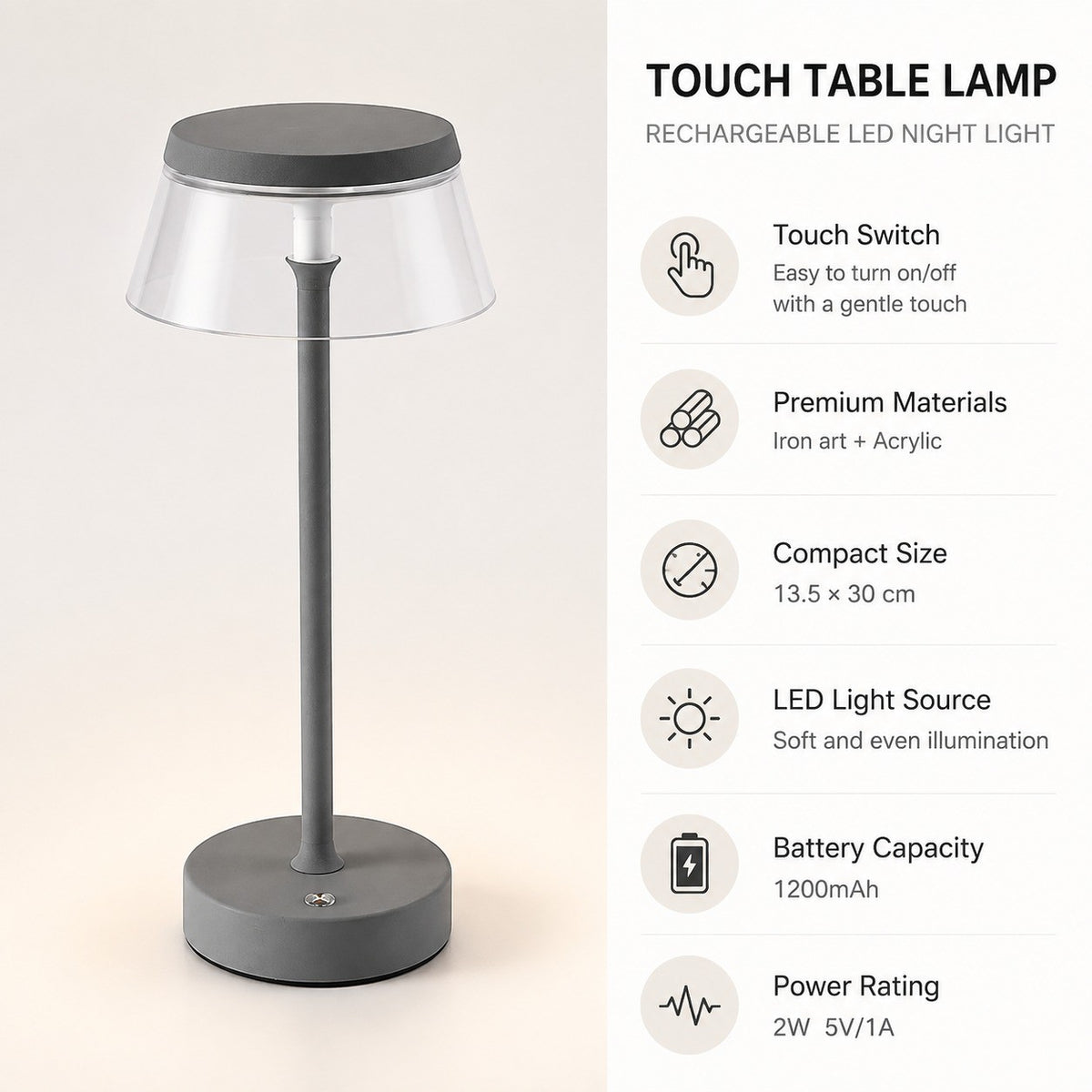Rechargeable LED Night Light, Bar Table Lamp, Touch Switch, Battery Powered, Living Room