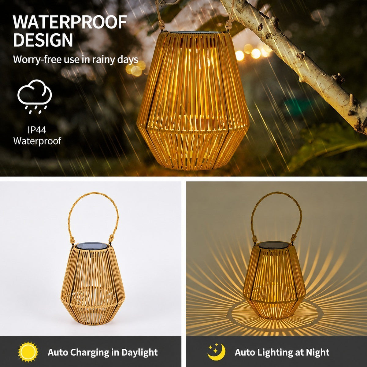 Handmade Rattan Solar Night Light, Portable LED Camping Lamp, IP44 Waterproof Table Lamp