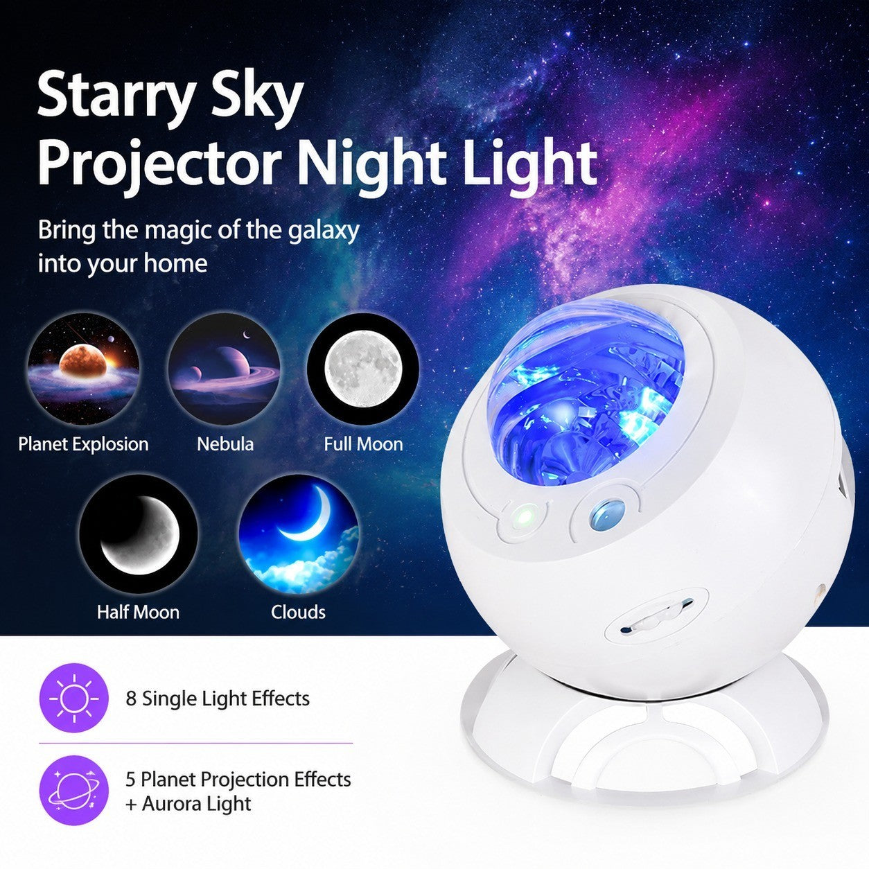Starry Sky Projector Night Light, Planet Shape, USB Powered, Ambient Lamp for Bedroom, Gift