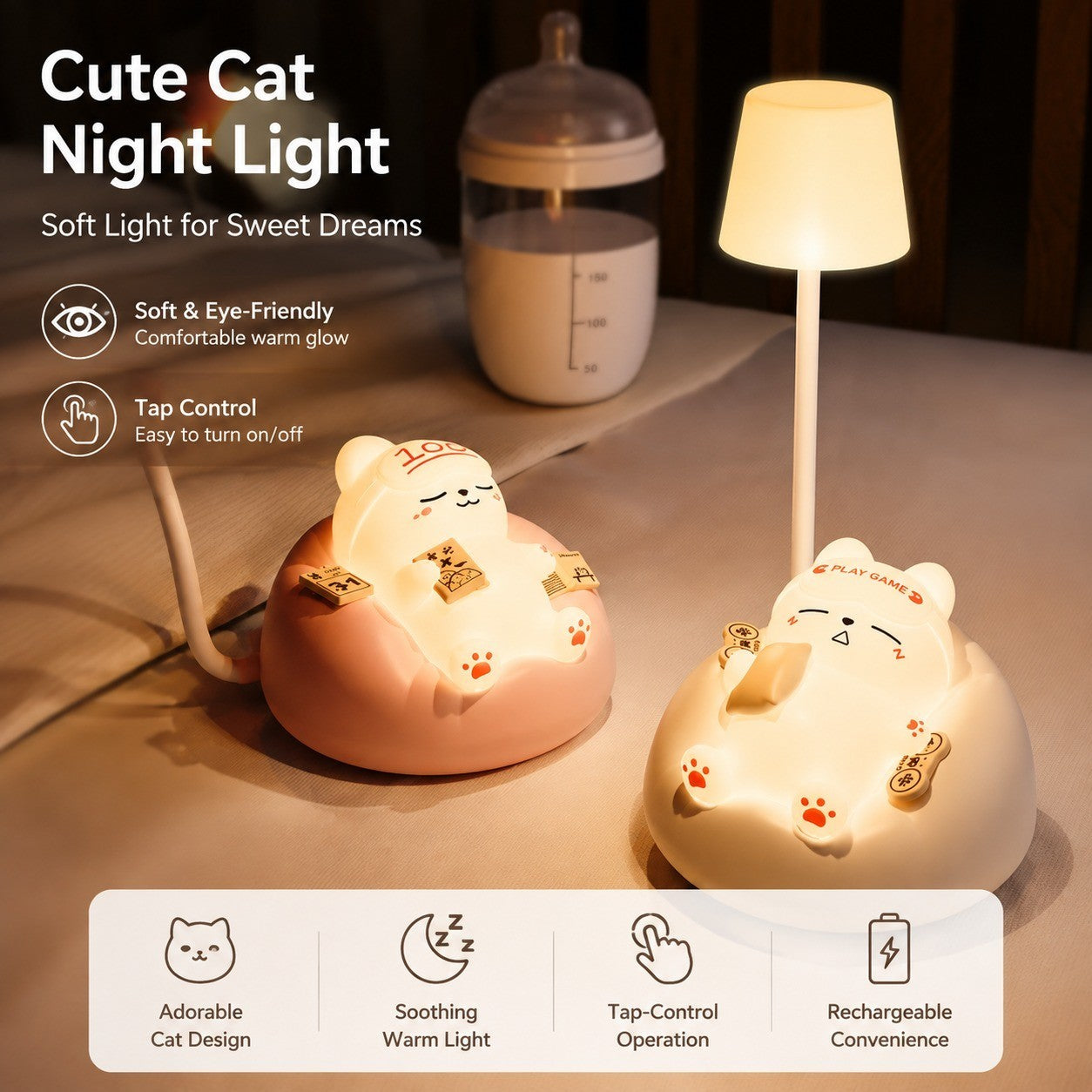 Rechargeable Silicone Cat Night Light, Soft Eye Protection, Tap Control, Gift for Girls