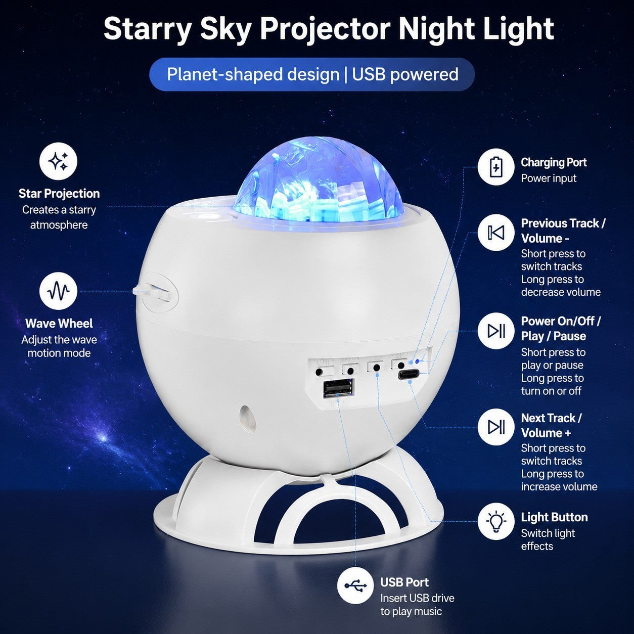 Starry Sky Projector Night Light, Planet Shape, USB Powered, Ambient Lamp for Bedroom, Gift