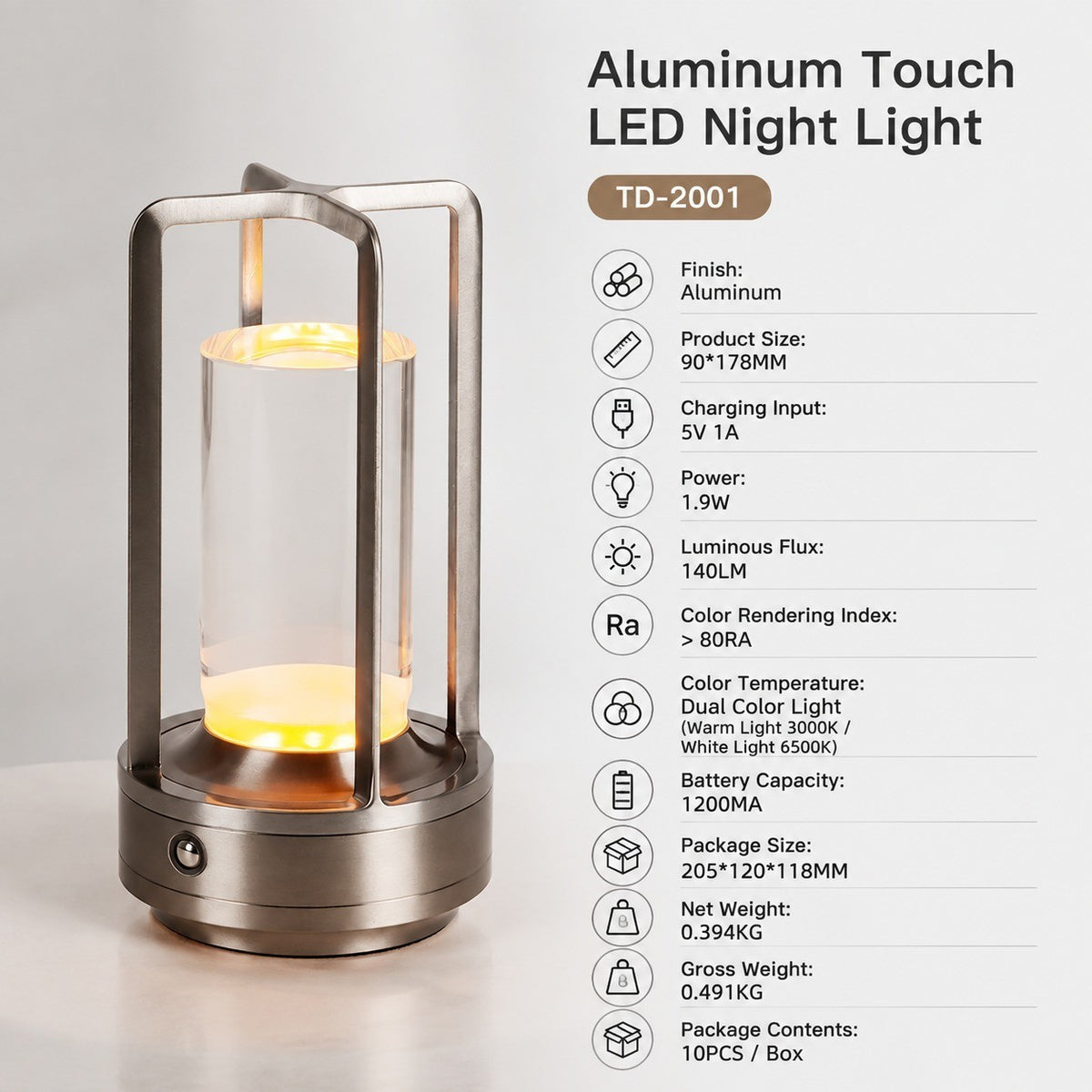 Rechargeable Touch LED Night Light, All-Aluminum, Acrylic, Camping Tent Decor, Bedroom
