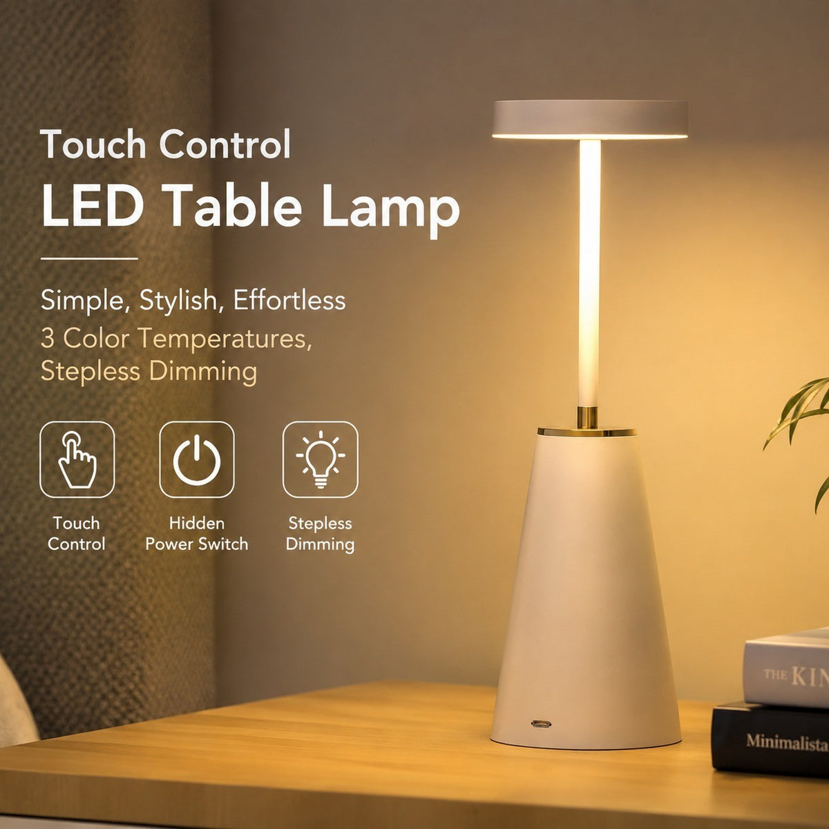 Metal LED Night Light, USB Rechargeable, Wireless Charging, Modern Simple Table Lamp for
