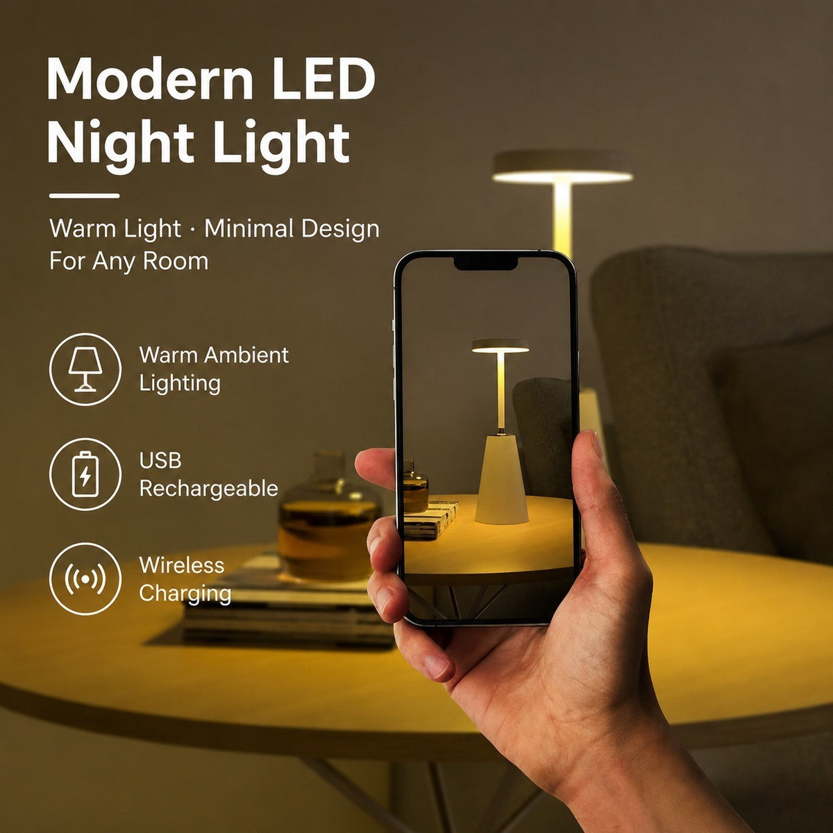 Metal LED Night Light, USB Rechargeable, Wireless Charging, Modern Simple Table Lamp for