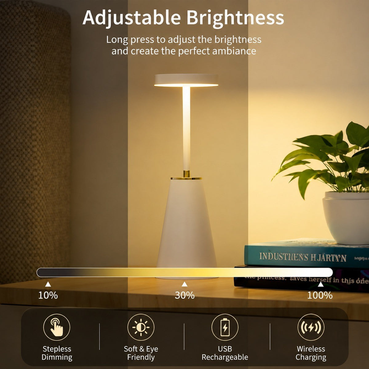 Metal LED Night Light, USB Rechargeable, Wireless Charging, Modern Simple Table Lamp for