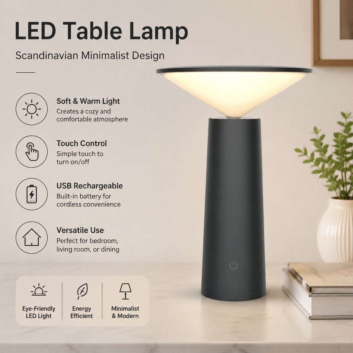 LED Table Lamp, Scandinavian Minimalist, USB Charging, Night Light for Bedside Restaurant