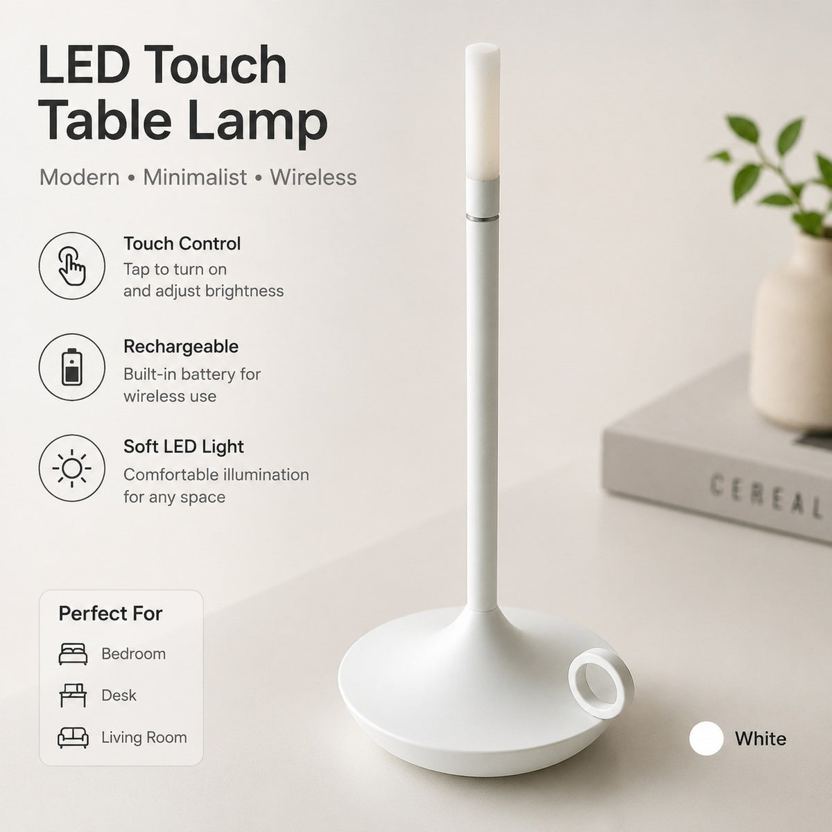 LED Touch Table Lamp, USB Rechargeable, Wireless, Metal Modern Night Light