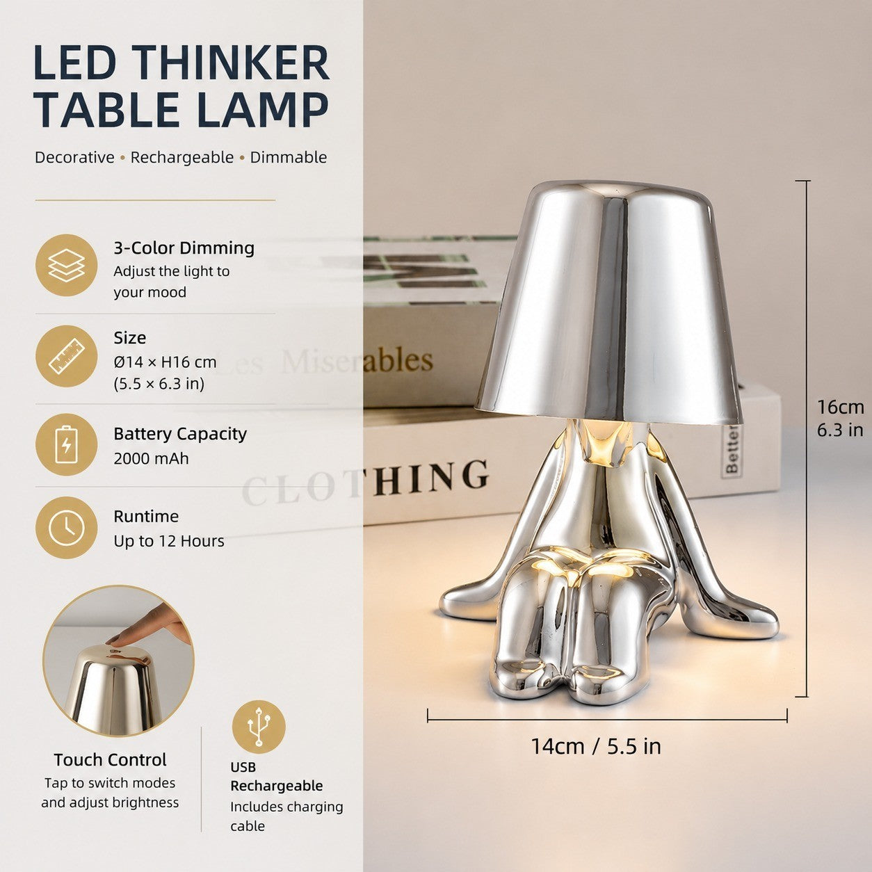 LED Thinker Golden Man Table Lamp, USB Charging, Bedside Desk Decor, Atmosphere Night Light