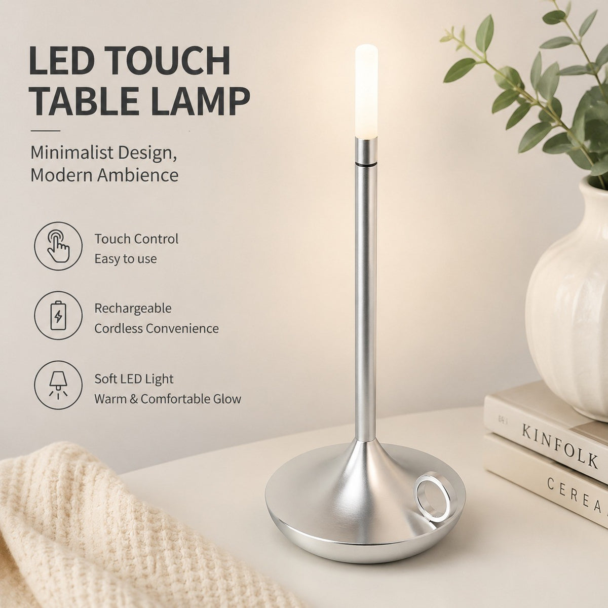 LED Touch Table Lamp, USB Rechargeable, Wireless, Metal Modern Night Light