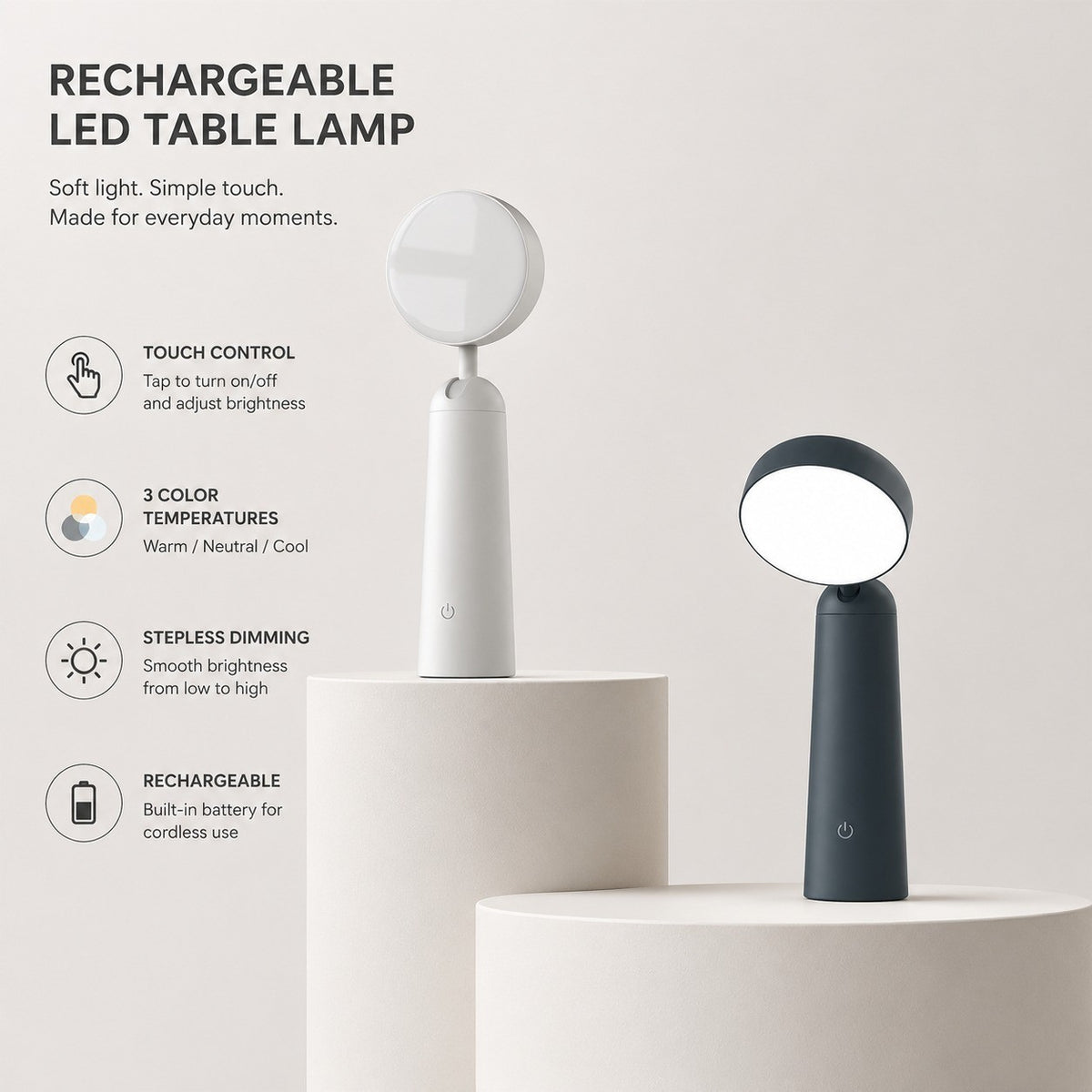Rechargeable LED Table Lamp, Touch Dimming, 3-Color, Modern Simple Home