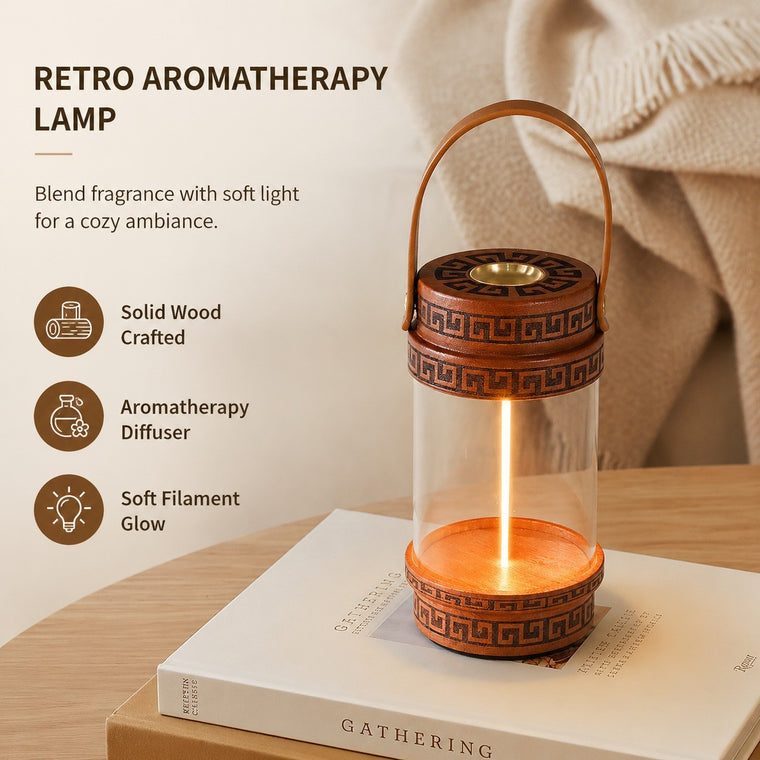 Retro Solid Wood Aromatherapy Lamp, Rechargeable Soft Filament Bedside Night Light Table