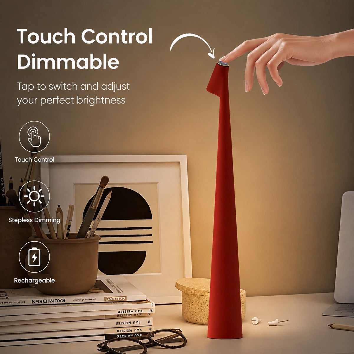 Modern Minimalist USB Rechargeable Table Lamp, Metal Base, Bedside Night Light for Living