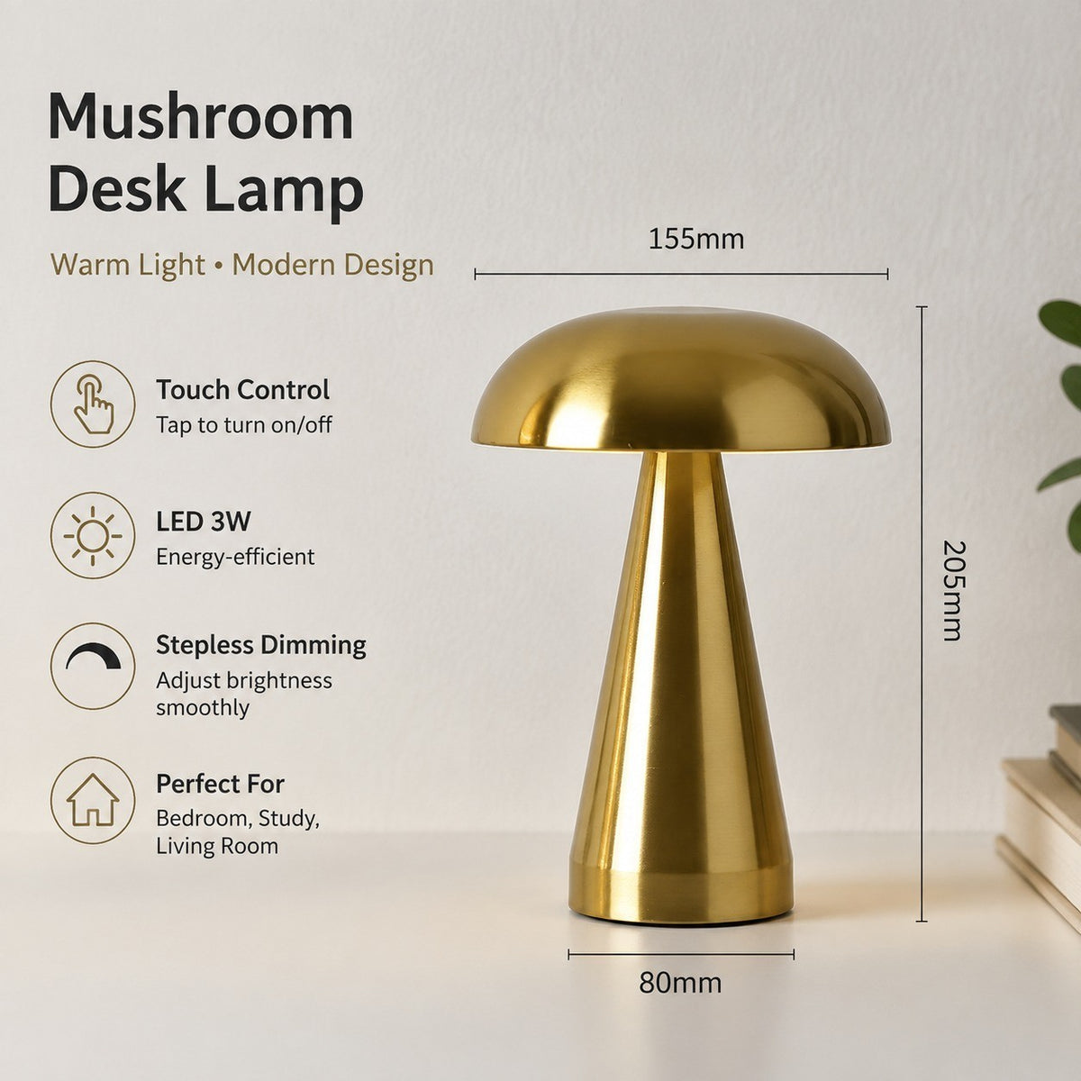 Mushroom Desk Lamp, Metal Rechargeable Night Light, Bedroom Study Dorm Table Lamp