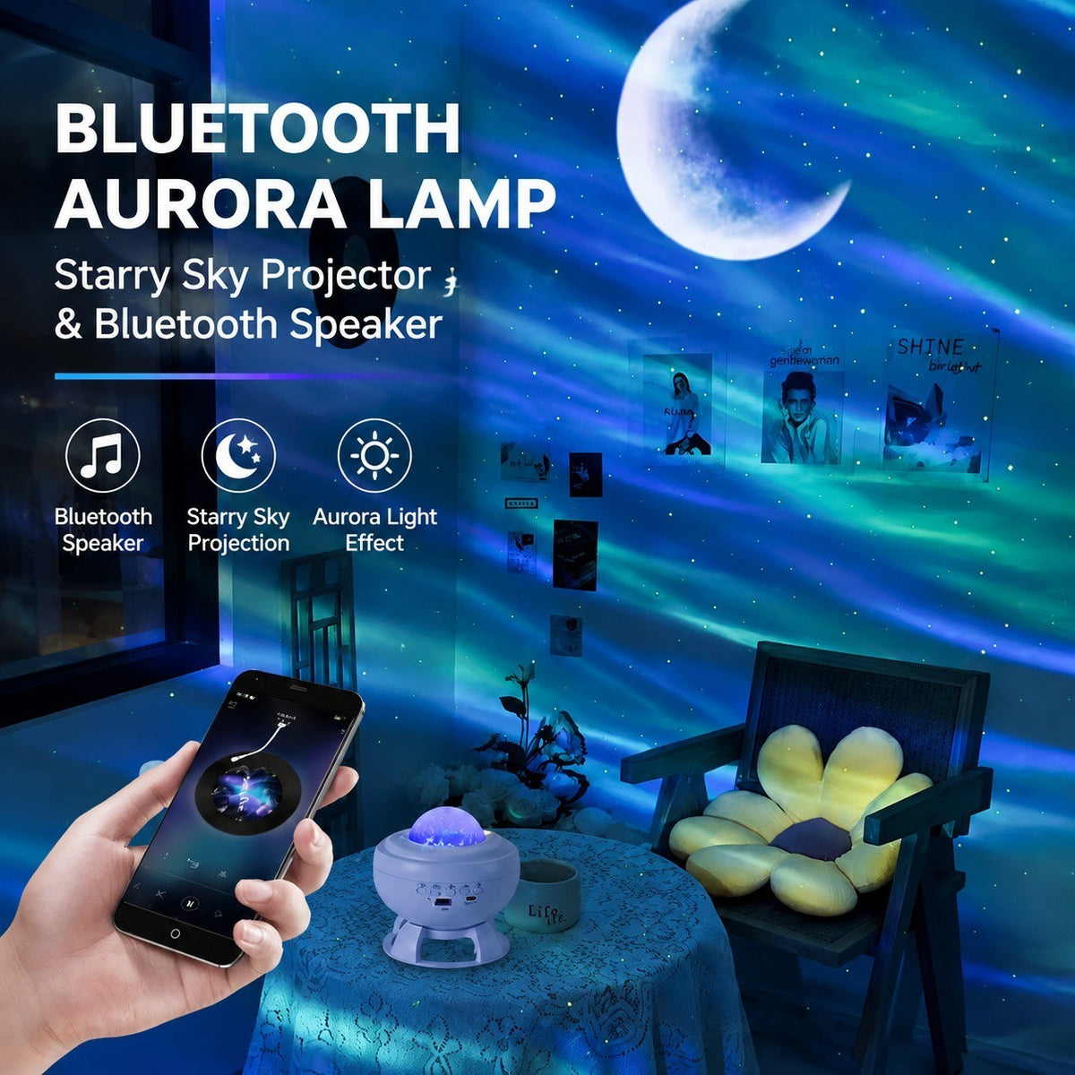 Bluetooth Speaker Aurora Lamp, Starry Sky Projector, Moon Light, Rechargeable Table Lamp