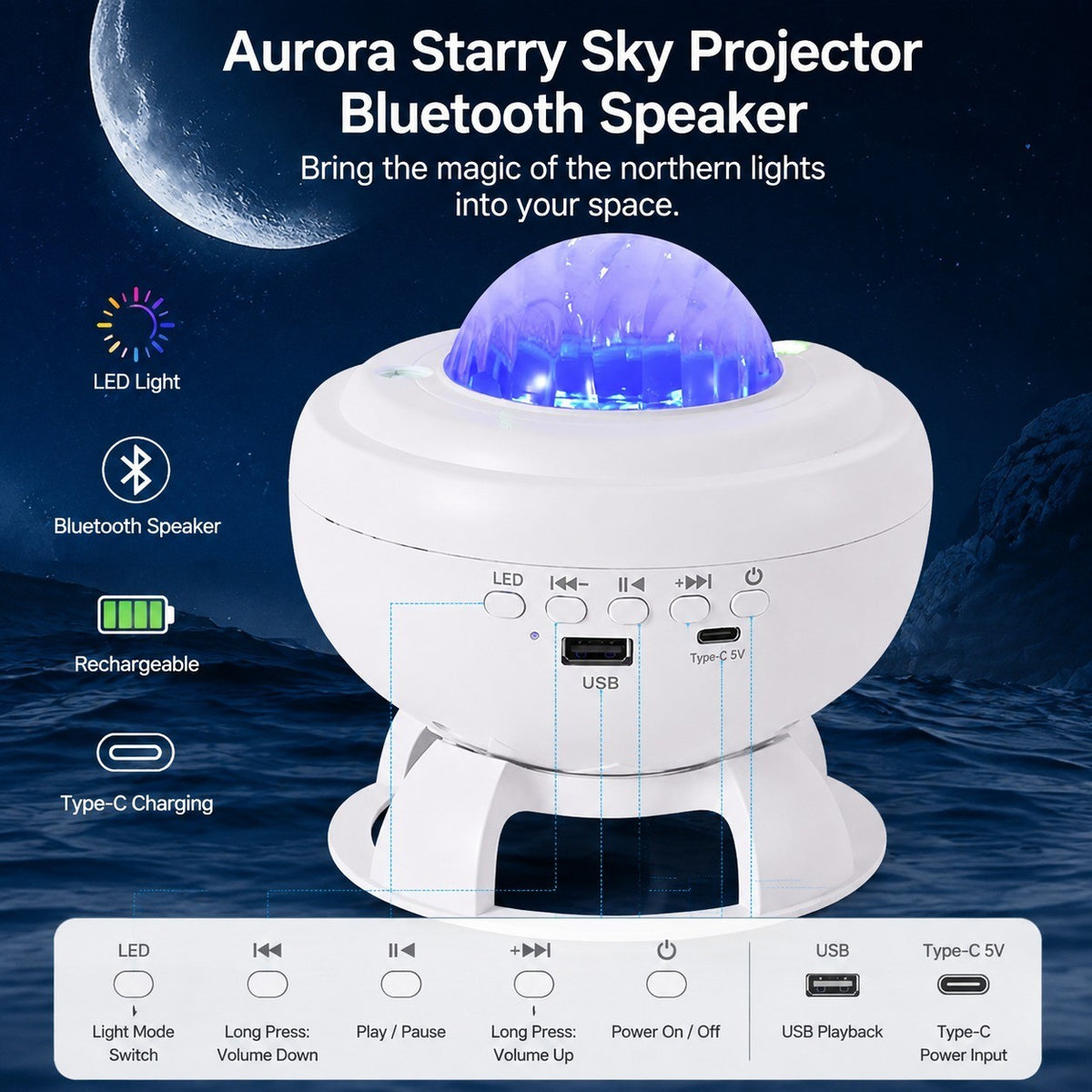 Bluetooth Speaker Aurora Lamp, Starry Sky Projector, Moon Light, Rechargeable Table Lamp
