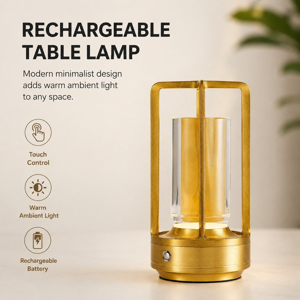 Rechargeable Outdoor Table Lamp, Touch Sensor Night Light, Color Changing, Metal, Modern