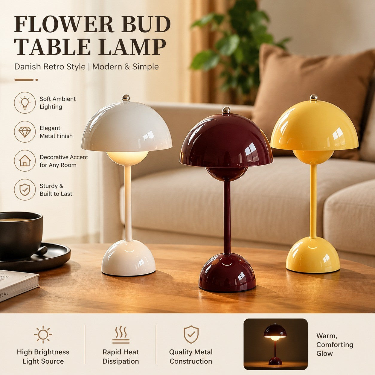 Danish Retro Flower Bud Table Lamp, Metal, Modern Simple, Living Room Bedroom Night Light