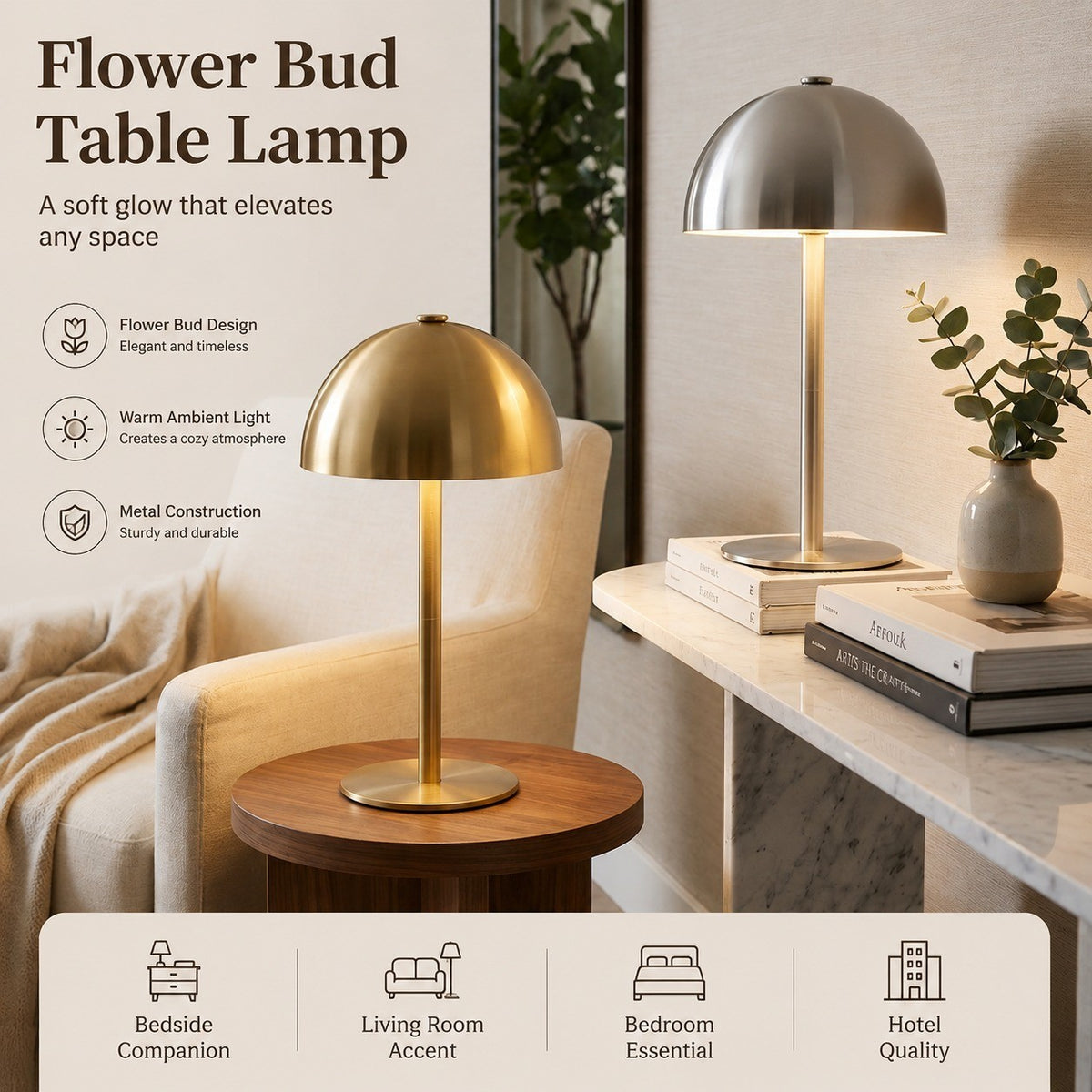 Nordic Metal Bedside Table Lamp, Flower Bud Design, Night Light for Living Room Bedroom