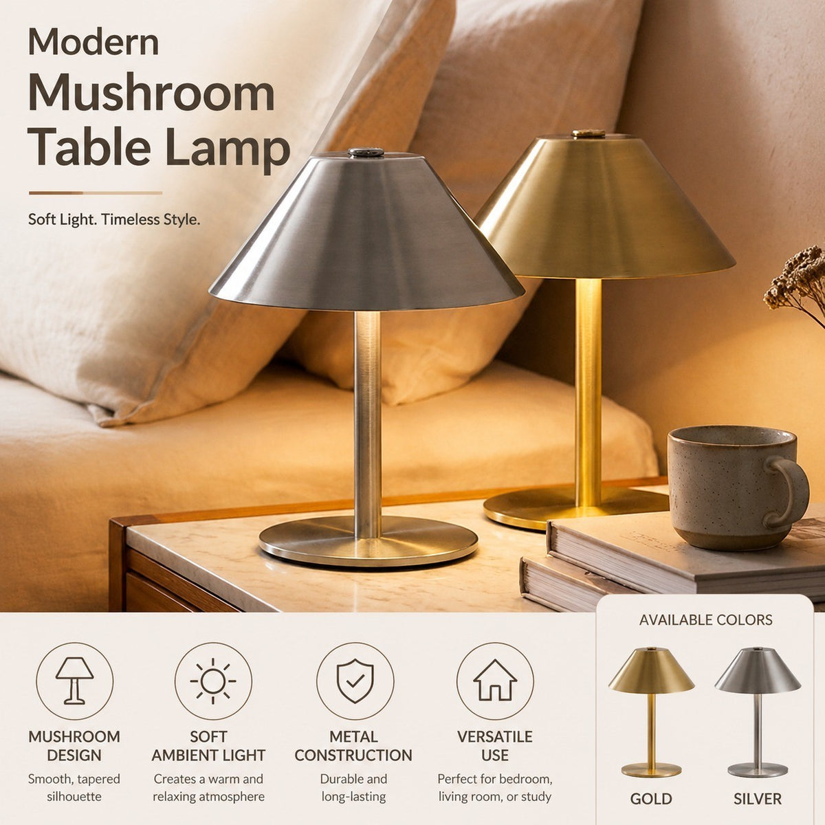 Modern Mushroom Table Lamp, Nordic Style, Metal, Bedside Night Light for Living Room Bedroom