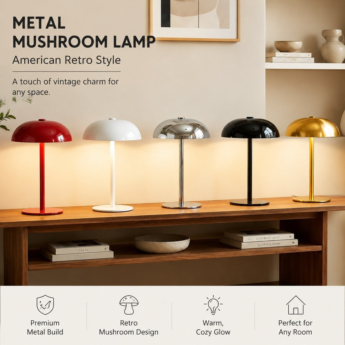 Metal Mushroom Table Lamp, American Retro, Night Light, for Bedroom Bar Hotel