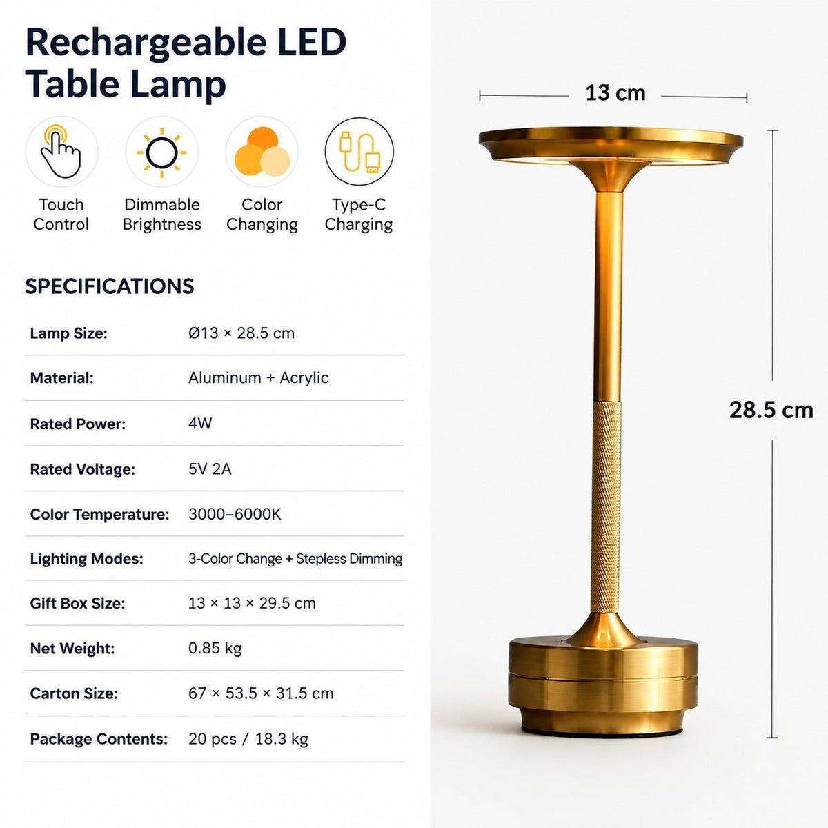 Rechargeable Outdoor Table Lamp, Touch Sensor Night Light, Color Changing, Metal, Modern