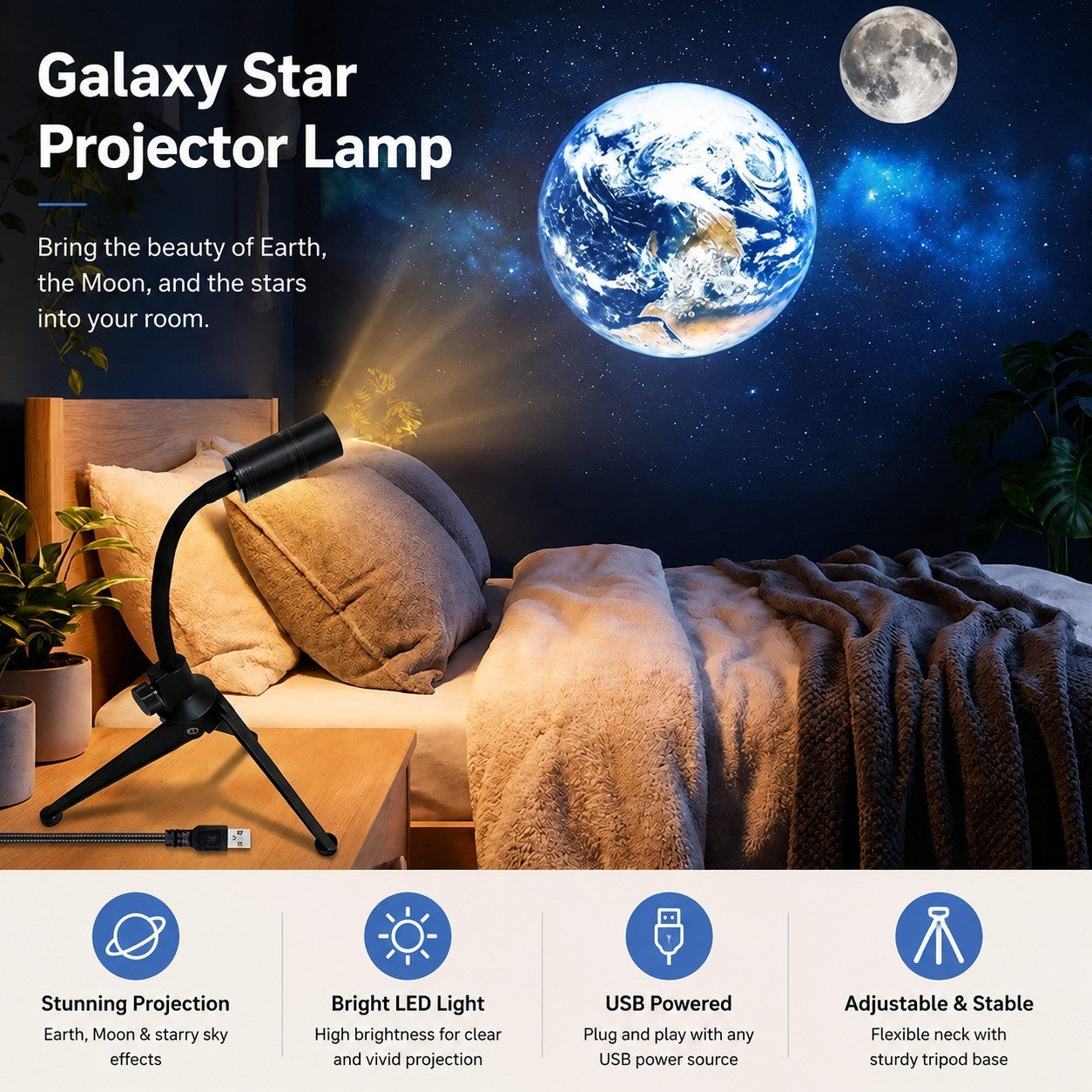 Galaxy Starry Sky Projector Night Light, Earth Moon Nebula Lamp, USB, Bedroom Decor Gift