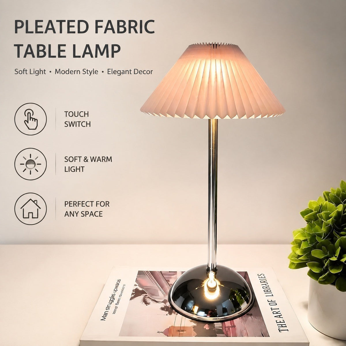Chinese Style Pleated Fabric Night Light, Bauhaus Luxury, Touch Switch, for Bedroom Living