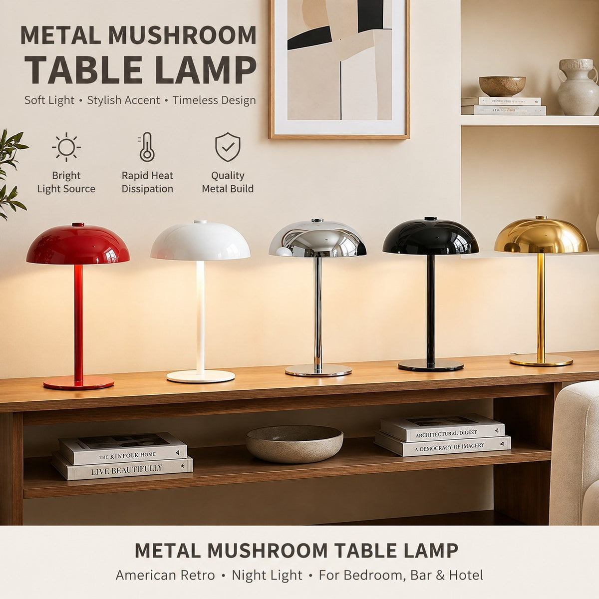 Metal Mushroom Table Lamp, American Retro, Night Light, for Bedroom Bar Hotel
