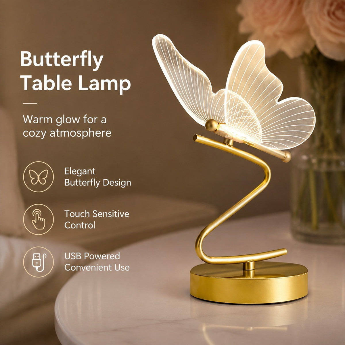 Butterfly Table Lamp, Acrylic Bedside Lamp for Girls Room, Touch Sensitive Night Light, USB