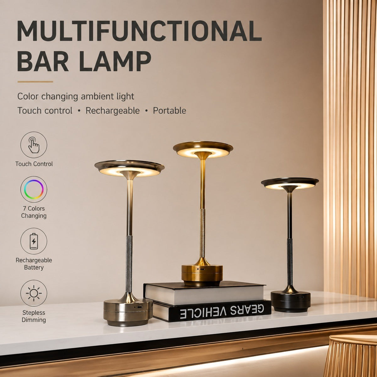 Rechargeable Outdoor Table Lamp, Touch Sensor Night Light, Color Changing, Metal, Modern
