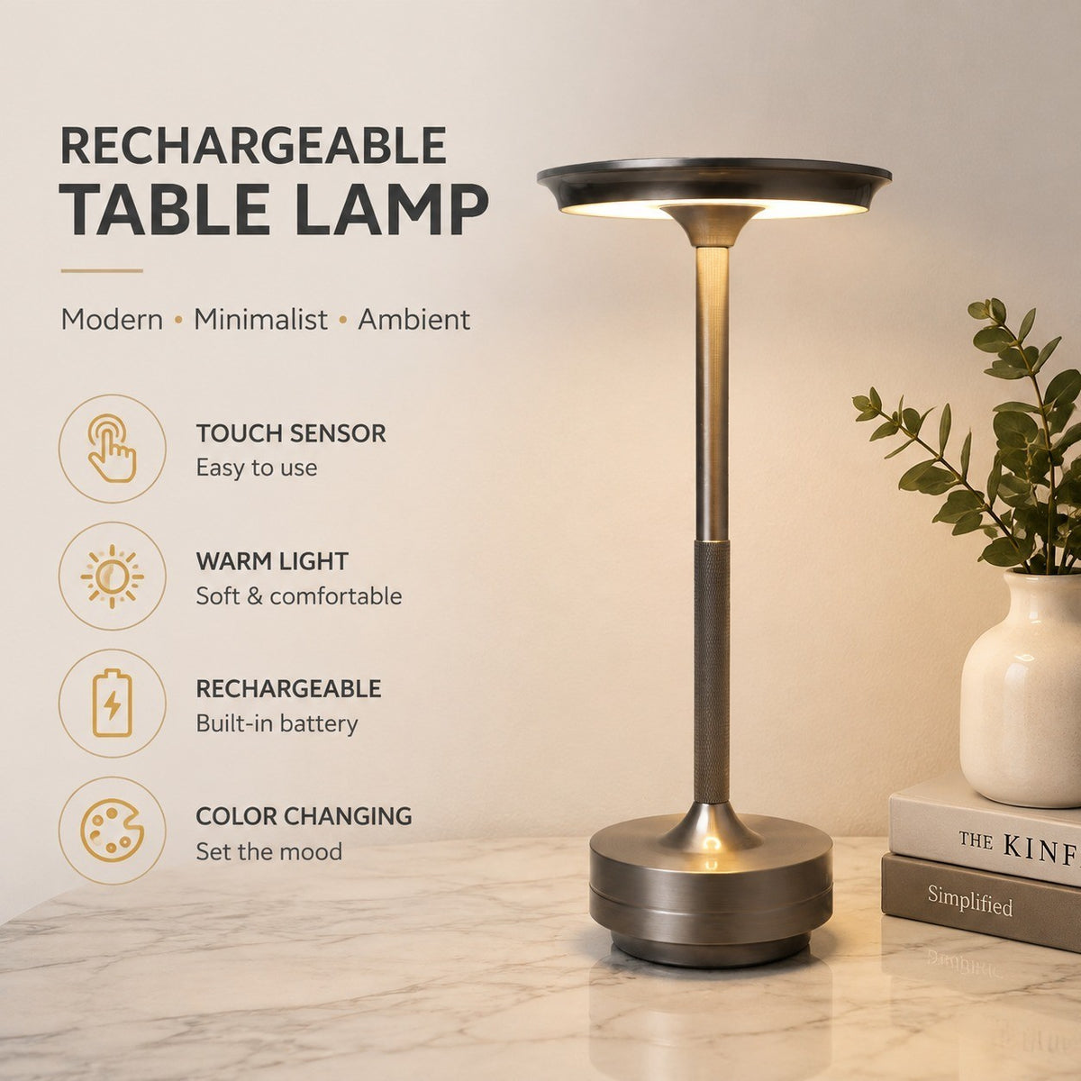 Rechargeable Outdoor Table Lamp, Touch Sensor Night Light, Color Changing, Metal, Modern